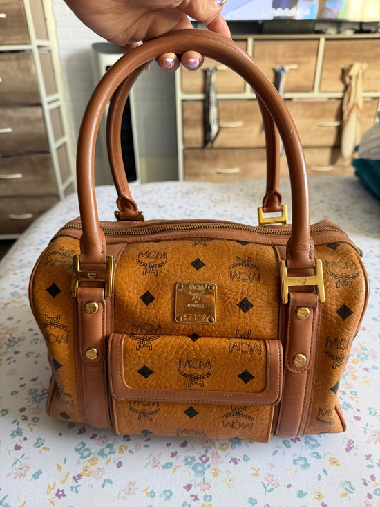 MCM Handbags - MCM Cognac Visetos Mini Satchel in Tan Leather Trim